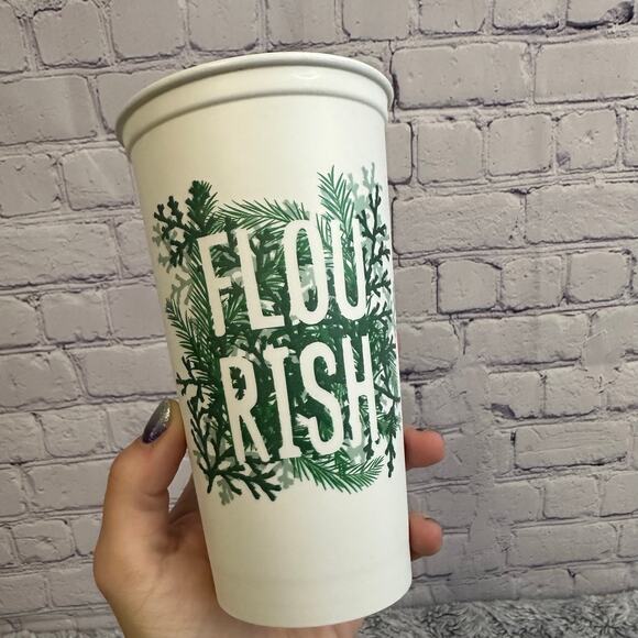 Set of 4 Starbucks Flourish White Green Plastic 16oz Reusable Coffee Cups - Picture 4 of 8